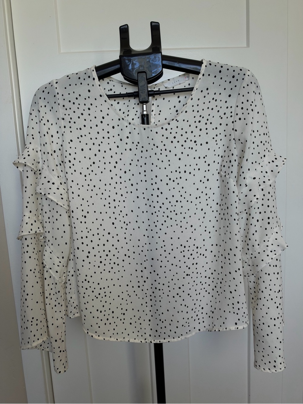 Lush White Blouse with Black Polka Dots and Ruffle Sleeves